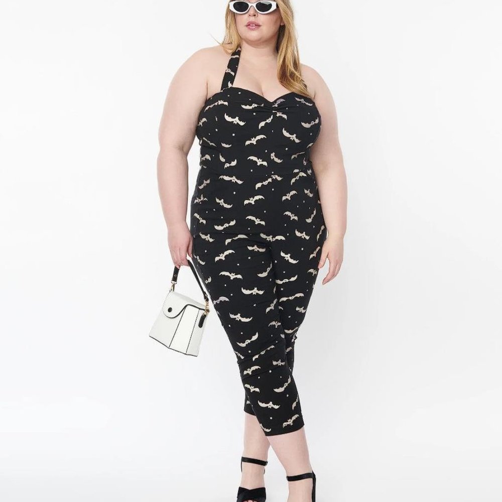 NWOT Unique Vintage Black & Glow In The Dark Bat Print Marcel Jumpsuit Size M